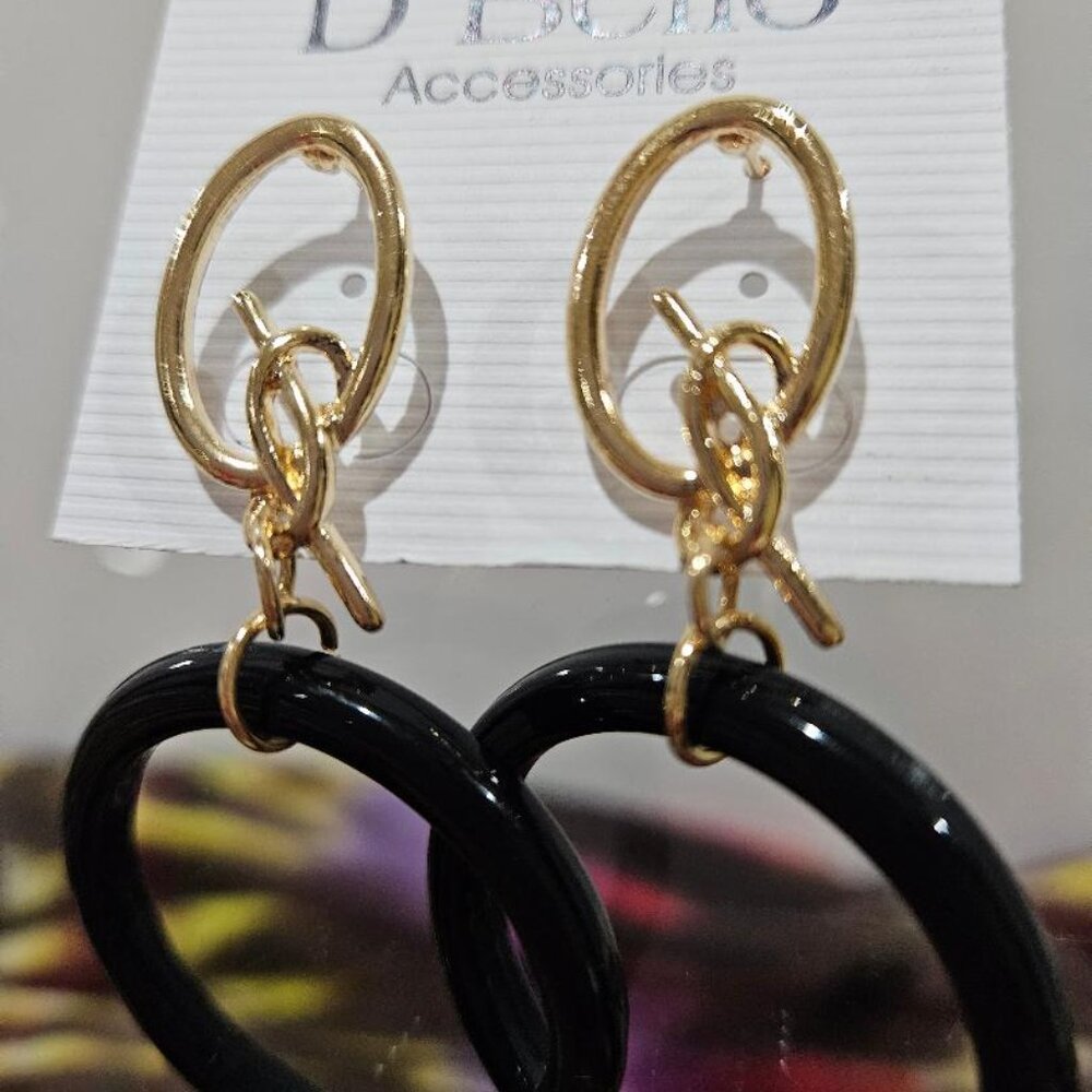 60s Vintage Retro Matte Black Round Open Circle & Gold Twist Dangle Earrings - Picture 2 of 2